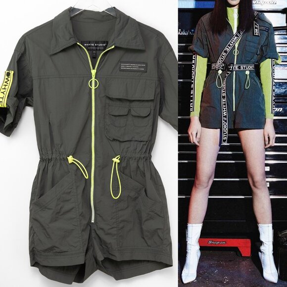 Whyte Studio Pants - Whyte Studio Turbo Romper Utility Zip Up Nylon Army Neon Green Size Small